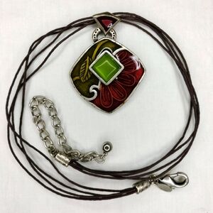 Chico's Multi Strand Leather Necklace With Diamond Shaped Pendant Green Red